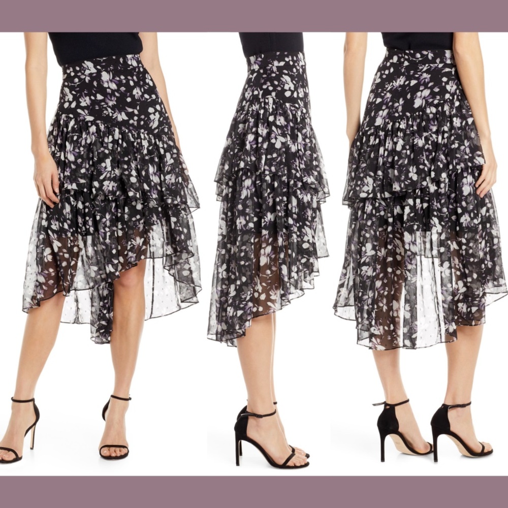 NWT Eliza J [ 14 ] Ruffle Asymmetrical Ruffle‎ Chiffon Skirt in Black